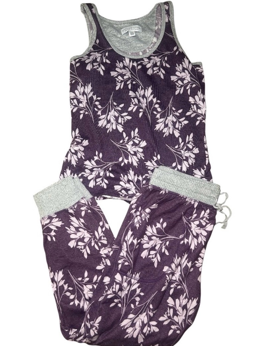 Live Love Lounge Purple Gray Floral Tank & Jogger Loungewear Set Small Comfort